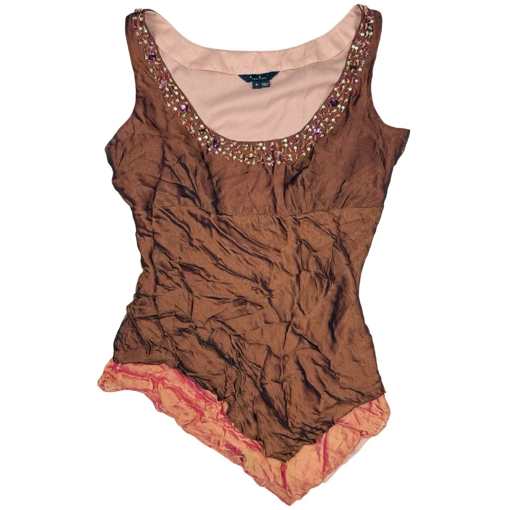 Y2K Fairy Grunge Beaded Handkerchief Hem Silk Tank Top Boho Brown Small - Picture 5 of 9